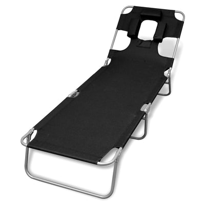 Folding Sun Lounger with Head Cushion Powder-coated Steel Black Payday Deals