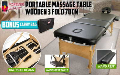 Forever Beauty Black Portable Massage Table Bed Therapy Waxing 3 Fold 70cm Wooden Payday Deals