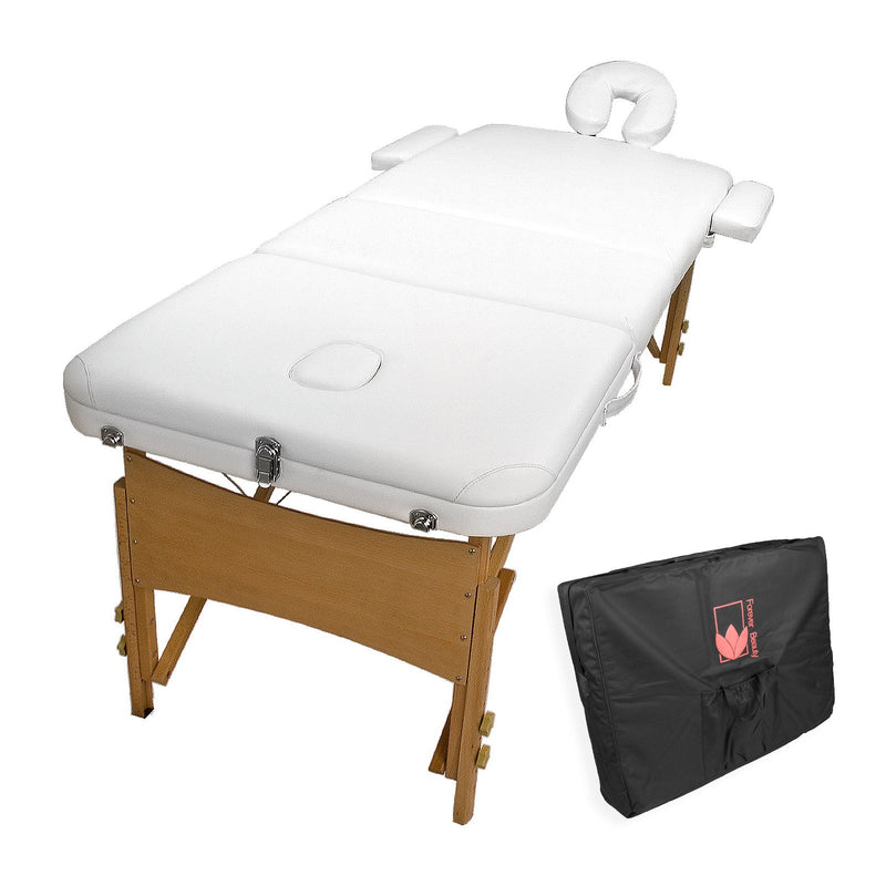 Forever Beauty White Portable Beauty Massage Table Bed 3 Fold 70cm Wooden Payday Deals