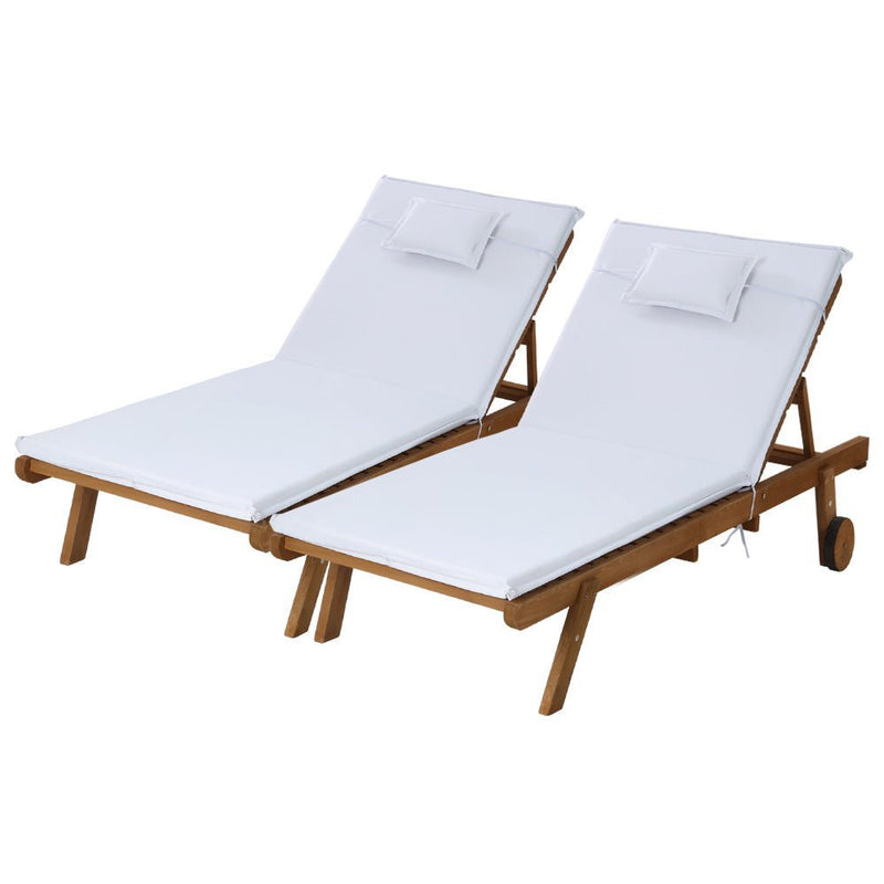 Gardeon 2pc Sun Lounge Wooden Lounger Outdoor Furniture Day Bed Wheel Patio White Payday Deals
