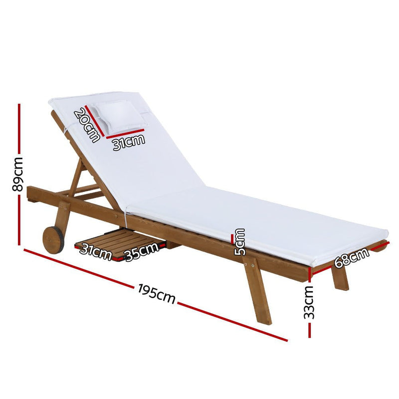 Gardeon 2pc Sun Lounge Wooden Lounger Outdoor Furniture Day Bed Wheel Patio White Payday Deals
