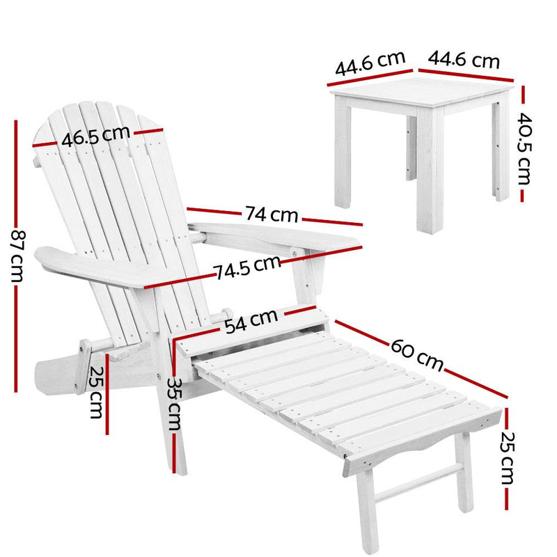 Gardeon 3 Piece Outdoor Adirondack Lounge Beach Chair Set - White Payday Deals