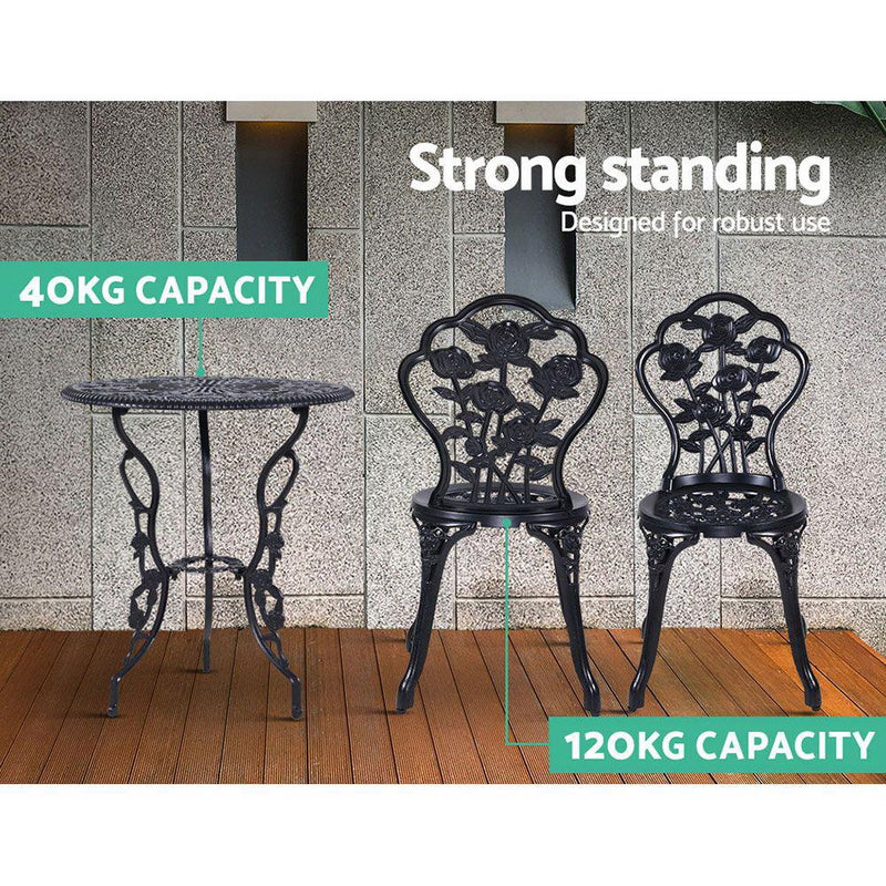 Gardeon 3PC Outdoor Setting Cast Aluminium Bistro Table Chair Patio Black Payday Deals