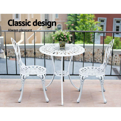 Gardeon 3PC Outdoor Setting Cast Aluminium Bistro Table Chair Patio White Payday Deals