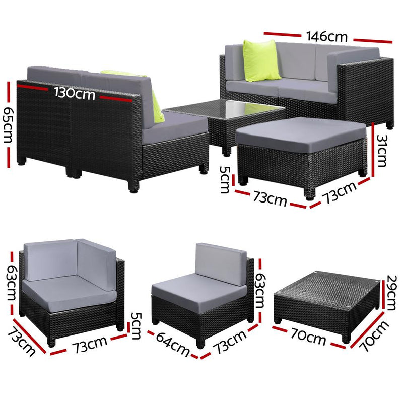 Gardeon 6pcs Outdoor Sofa Lounge Setting Couch Wicker Table Chairs Patio Furniture Black Payday Deals