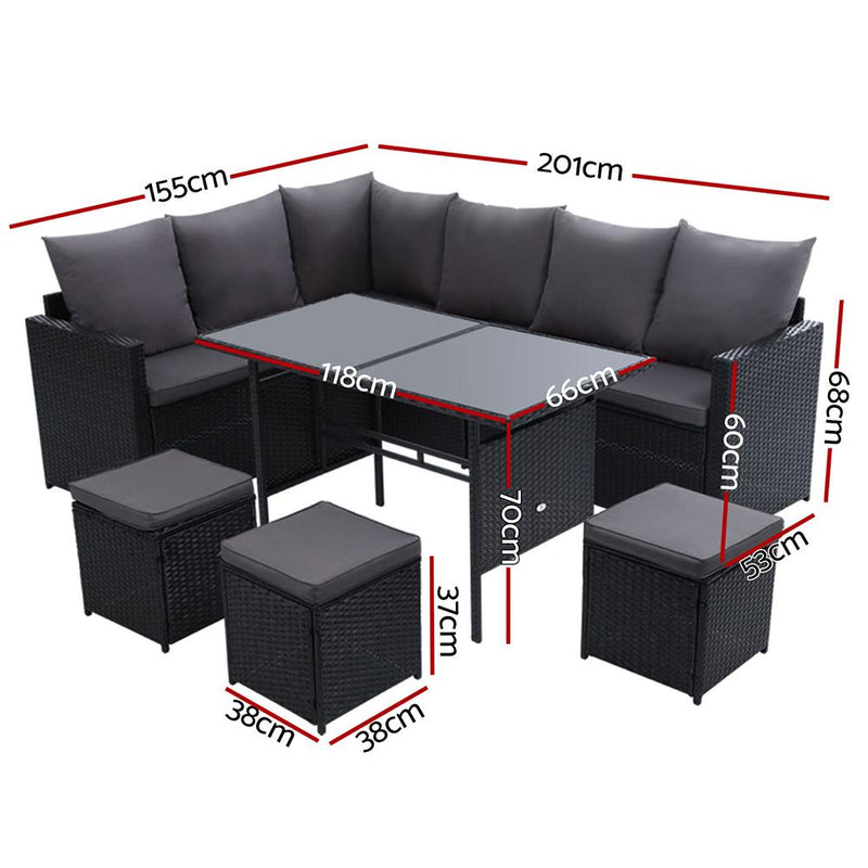 Gardeon Outdoor Furniture Dining Setting Sofa Set Lounge Wicker 9 Seater Black Payday Deals