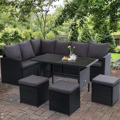 Gardeon Outdoor Furniture Dining Setting Sofa Set Lounge Wicker 9 Seater Black Payday Deals