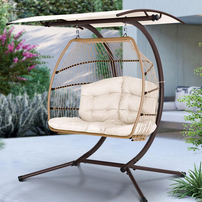 Gardeon Outdoor Furniture Lounge Hanging Swing Chair Egg Hammock Stand Rattan Wicker Latte Payday Deals