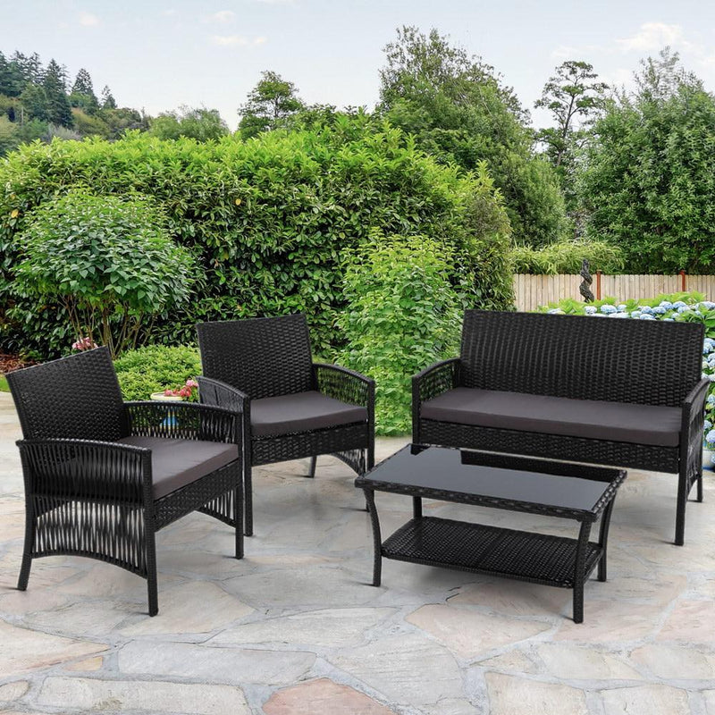 Gardeon Outdoor Furniture Set Wicker Cushion 4pc Black Payday Deals