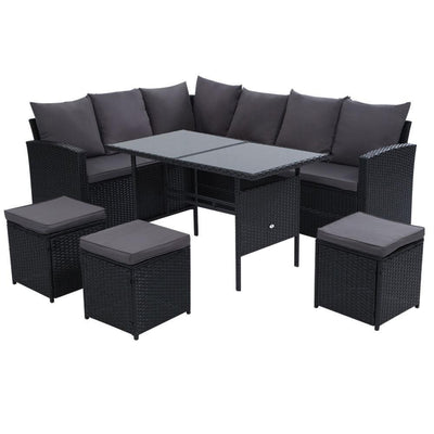 Gardeon Outdoor Furniture Sofa Set Dining Setting Wicker 9 Seater Black