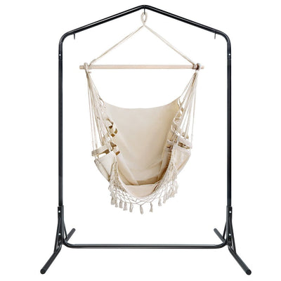 Gardeon Outdoor Hammock Chair with Stand Tassel Hanging Rope Hammocks Cream Payday Deals