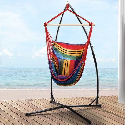 Gardeon Outdoor Hammock Chair with Steel Stand Hanging Hammock Pillow Rainbow Payday Deals