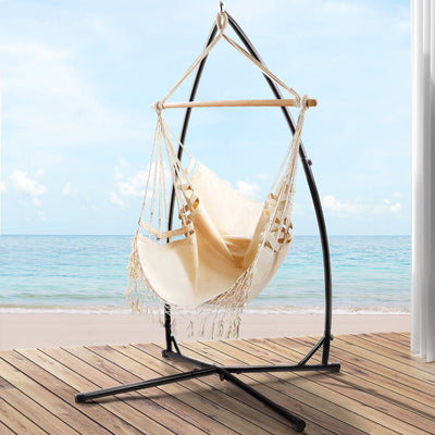 Gardeon Outdoor Hammock Chair with Steel Stand Tassel Hanging Rope Hammock Cream Payday Deals