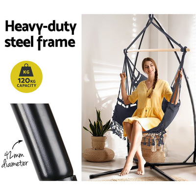 Gardeon Outdoor Hammock Chair with Steel Stand Tassel Hanging Rope Hammock Grey Payday Deals