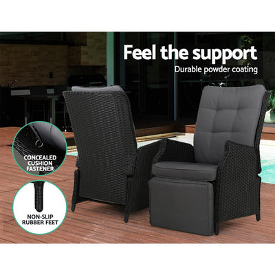 Gardeon Set of 2 Recliner Chairs Sun lounge Outdoor Furniture Setting Patio Wicker Sofa Black Payday Deals