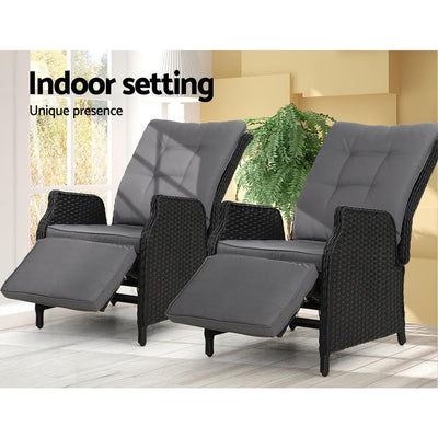 Gardeon Set of 2 Recliner Chairs Sun lounge Outdoor Furniture Setting Patio Wicker Sofa Black Payday Deals