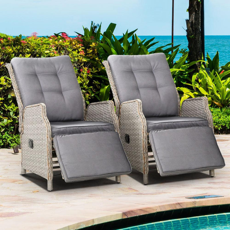 Gardeon Set of 2 Recliner Chairs Sun lounge Outdoor Furniture Setting Patio Wicker Sofa Grey Payday Deals