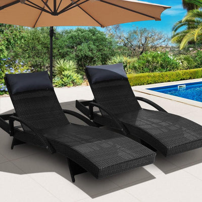 Gardeon Set of 2 Sun Lounge Outdoor Furniture Wicker Lounger Rattan Day Bed Garden Patio Black Payday Deals
