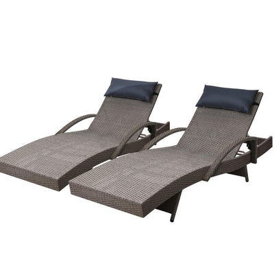 Gardeon Set of 2 Sun Lounge Outdoor Furniture Wicker Lounger Rattan Day Bed Garden Patio Grey Payday Deals