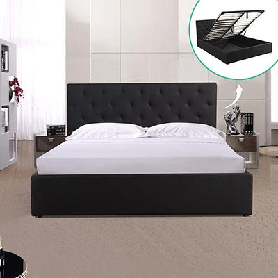 Gas Lift Queen Size Storage Bed Frame Upholstery Fabric in Black Colour with Tufted Headboard