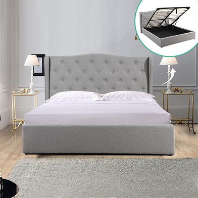 Gas Lift Queen Size Storage Bed Frame Upholstery Fabric in Grey Colour with Tufted Headboard and Wings Payday Deals