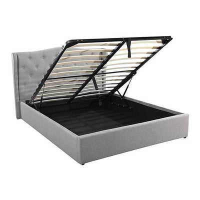 Gas Lift Queen Size Storage Bed Frame Upholstery Fabric in Grey Colour with Tufted Headboard and Wings Payday Deals