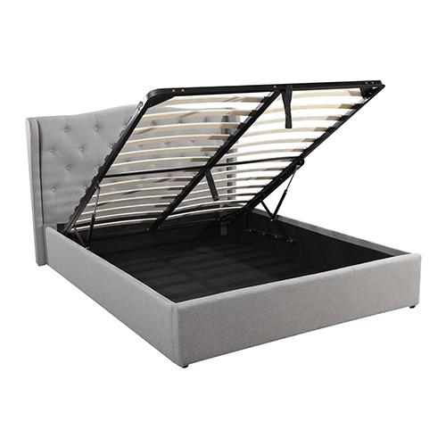 Gas Lift Queen Size Storage Bed Frame Upholstery Fabric in Grey Colour with Tufted Headboard and Wings Payday Deals