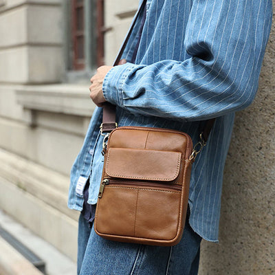 Genuine leather men's crossbody bag oiled wax leather Satchel Crossbody Bag (Brown) Payday Deals