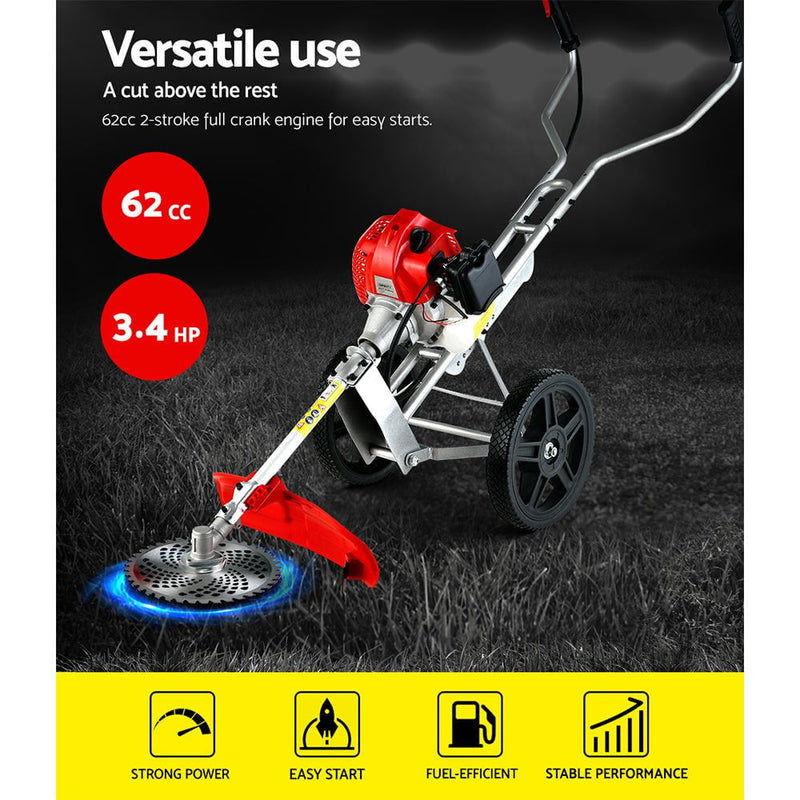 Giantz 62cc Petrol Brush Cutter Whipper Saw Trimmer 2 Stroke 3-in-1 Wheel Payday Deals