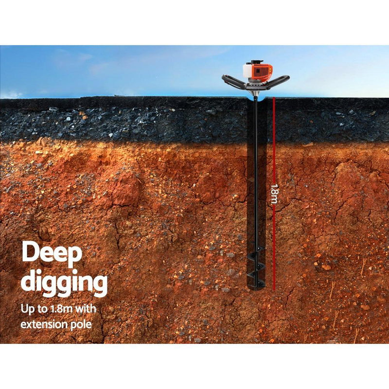 Giantz 62CC Petrol Post Hole Digger Drill Borer Fence Extension Auger Bits