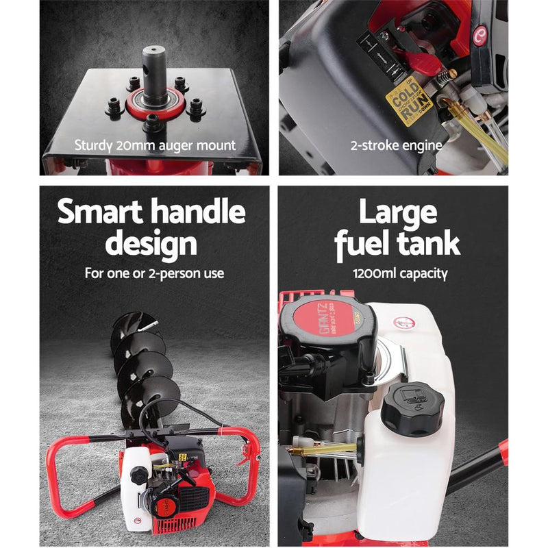 Giantz 80CC Petrol Post Hole Digger Drill Borer Fence Extension Auger Bits Payday Deals