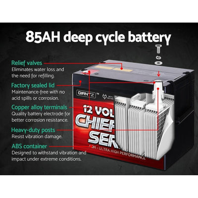 GIANTZ 85Ah Deep Cycle Battery & Battery Box 12V AGM Marine Sealed Power Solar Payday Deals