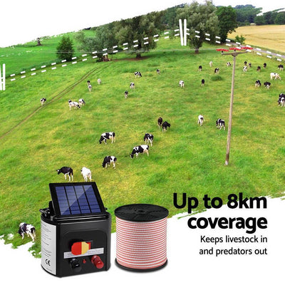 8km 0.3J Solar Electric Fence Energiser with Bonus Charger 400M Poly Tape Payday Deals