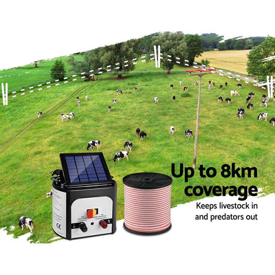 Giantz 8km Solar Electric Fence Energiser Charger with 400M Tape and 25pcs Insulators Payday Deals