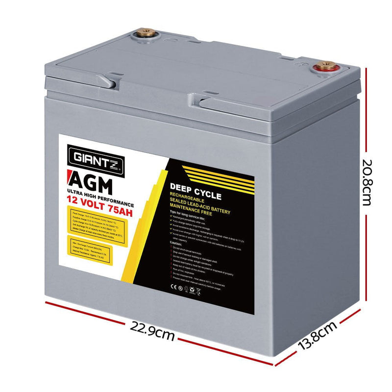 Giantz AGM Deep Cycle Battery 12V 75Ah Marine Sealed Power Portable Box Solar X2 Payday Deals