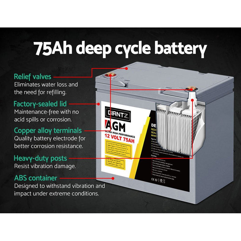 Giantz AGM Deep Cycle Battery 12V 75Ah Marine Sealed Power Portable Box Solar X2 Payday Deals