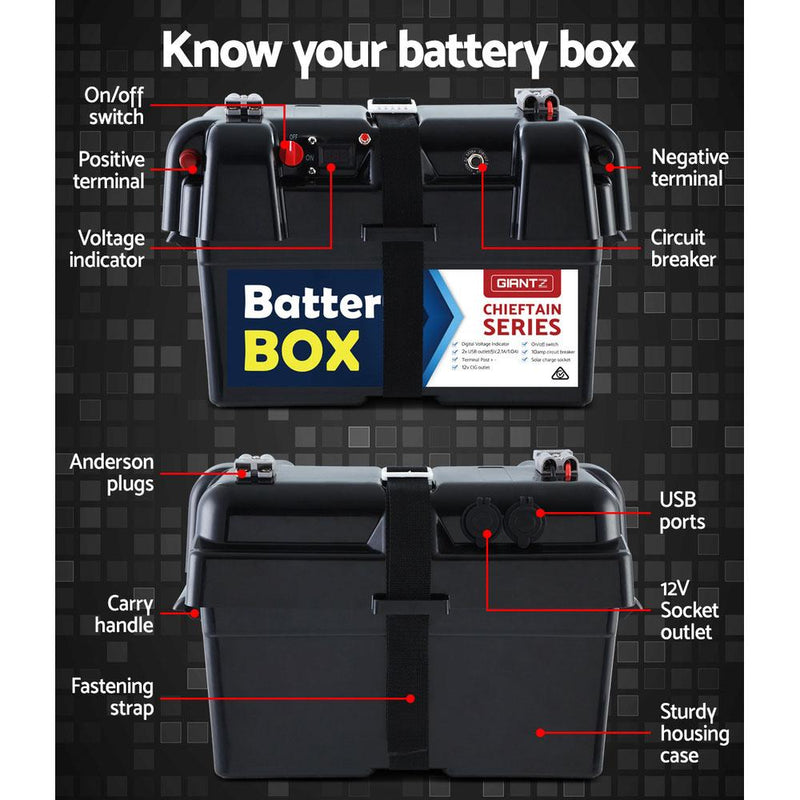 GIANTZ Battery Box 12V Camping Portable Deep Cycle AGM Universal Large USB Cig Payday Deals