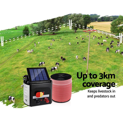 Giantz Electric Fence Energiser 3km Solar Powered Energizer Set + 1200m Tape Payday Deals