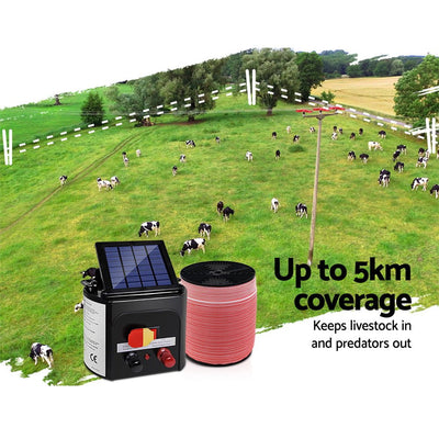 Giantz Electric Fence Energiser 5km Solar Powered 0.15j Set+ 1200m Tape Payday Deals