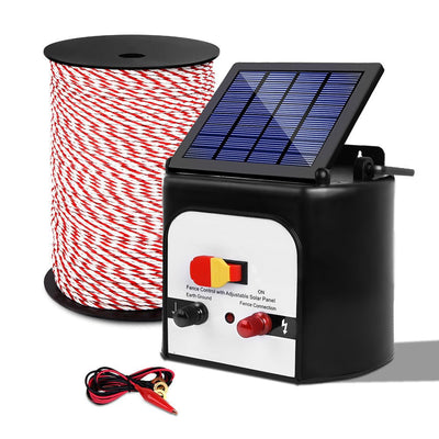Giantz Electric Fence Energiser 8km Solar Powered Charger + 500m Polytape Rope Payday Deals