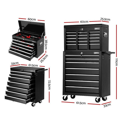 Giantz Tool Chest and Trolley Box Cabinet 16 Drawers Cart Garage Storage Black Payday Deals