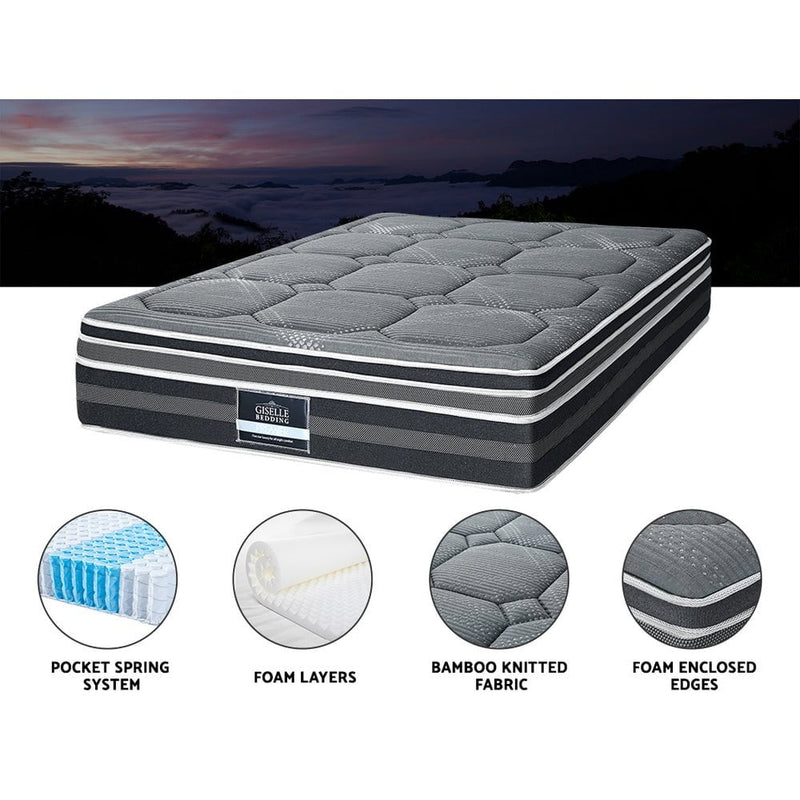 Giselle 35CM QUEEN Mattress Bed 7 Zone Dual Euro Top Pocket Spring Medium Firm Payday Deals