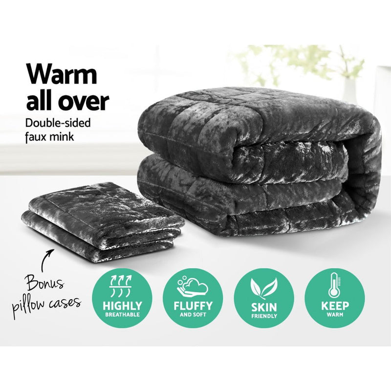 Giselle Bedding Faux Mink Quilt Plush Throw Blanket Comforter Duvet Cover Charcoal Double Payday Deals