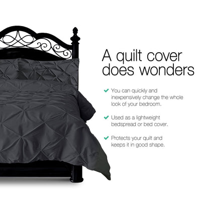 Giselle Cotton Quilt Cover Set Queen Bed Pinch Pleat Diamond Duvet Doona Black Payday Deals