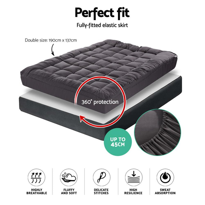 Giselle Double Mattress Topper Pillowtop 1000GSM Charcoal Microfibre Bamboo Fibre Filling Protector Payday Deals