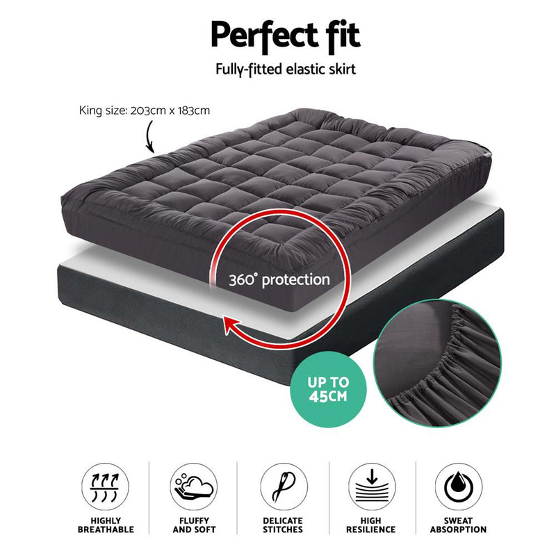 Giselle King Mattress Topper Pillowtop 1000GSM Charcoal Microfibre Bamboo Fibre Filling Protector Payday Deals