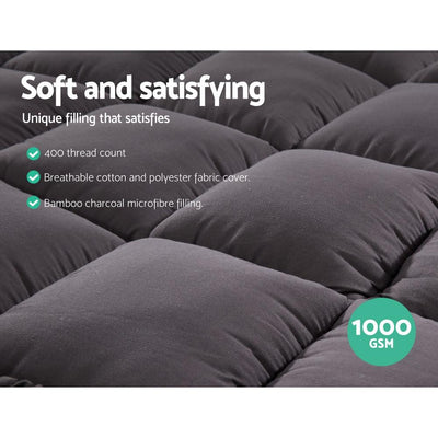 Giselle King Mattress Topper Pillowtop 1000GSM Charcoal Microfibre Bamboo Fibre Filling Protector Payday Deals