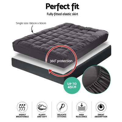 Giselle Single Mattress Topper Pillowtop 1000GSM Charcoal Microfibre Bamboo Fibre Filling Protector Payday Deals