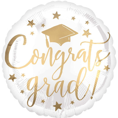 Graduation Congrats Grad White & Gold Round Foil Balloon