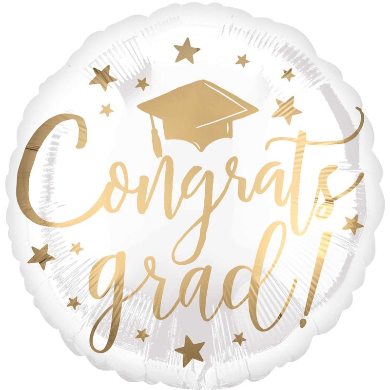 Graduation Congrats Grad White & Gold Round Foil Balloon Payday Deals